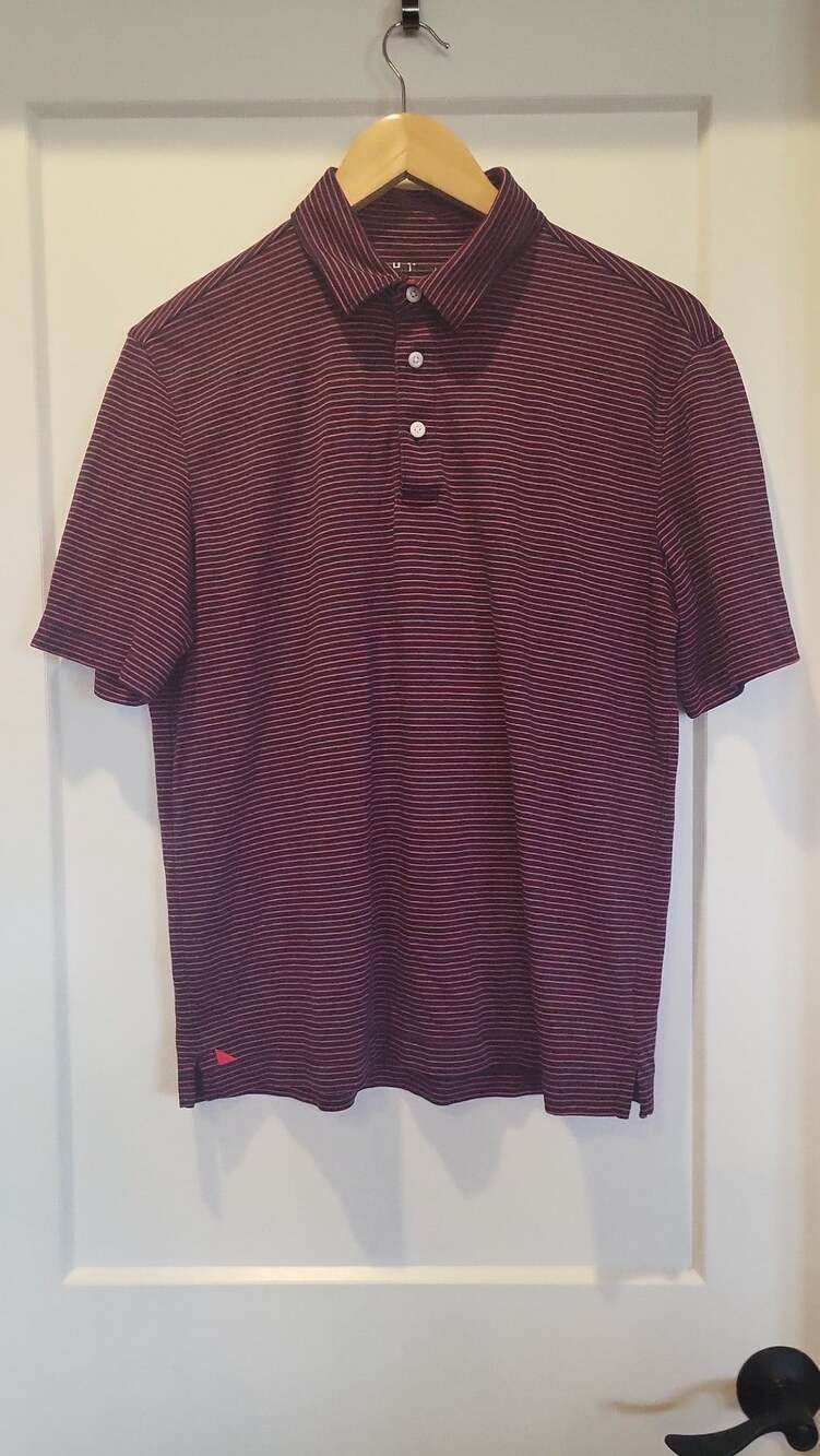 UNTUCKit Axios Red and Navy Striped Short Sleeve Cotton Polo Shirt, M